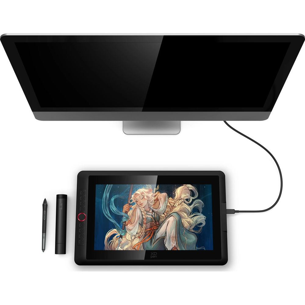 Una tableta de dibujo digital con lápiz está conectada a un monitor que muestra arte de anime.