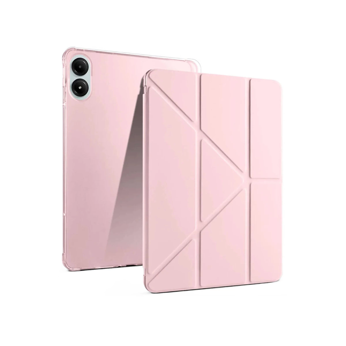 Pembe tablet kılıfı ve beyaz arka plan üzerinde tablet.