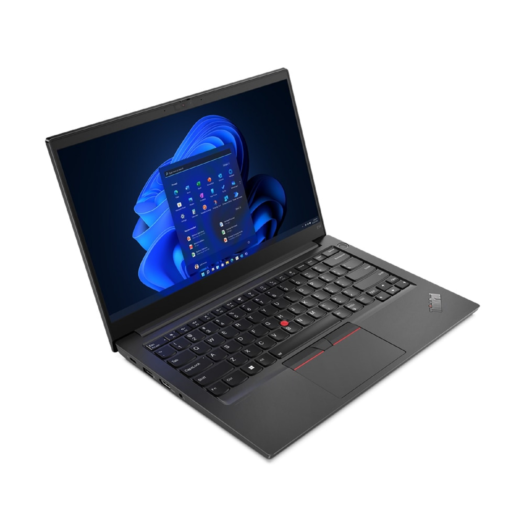 Ein geöffneter, dunkler Laptop mit beleuchtetem Bildschirm, der eine blaue Wellen-Hintergrundgrafik zeigt.
