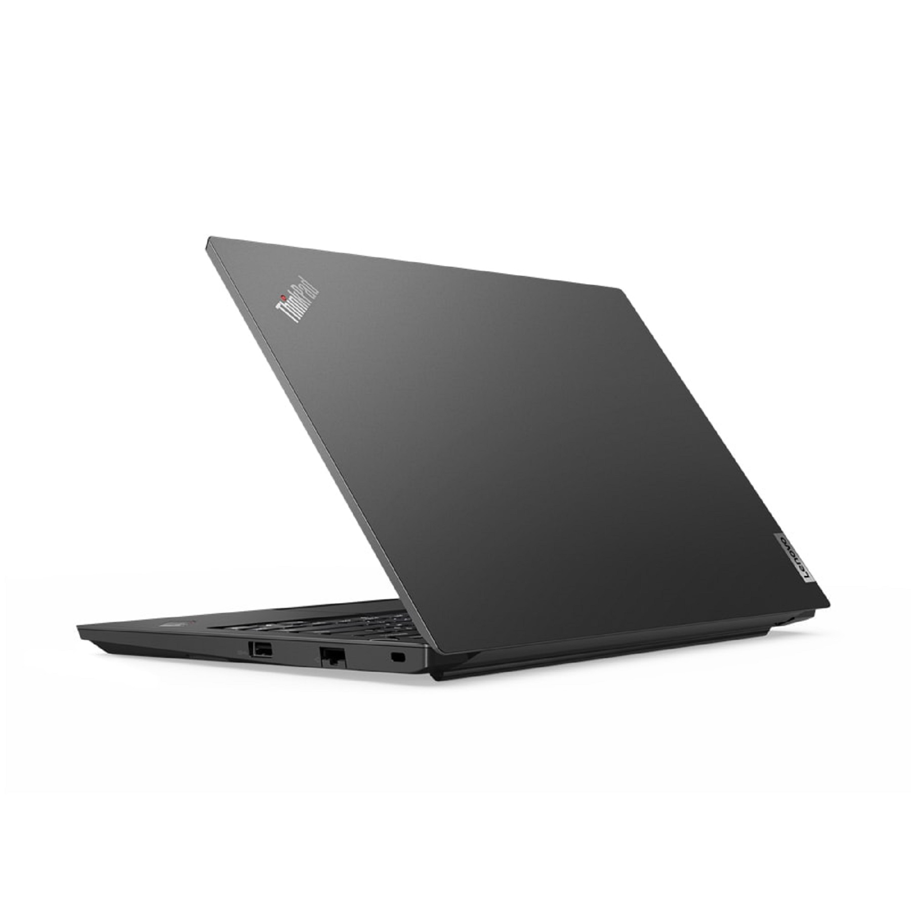 Schwarzer Laptop mit geöffnetem Deckel, aus der Seitenansicht, auf weißem Hintergrund.