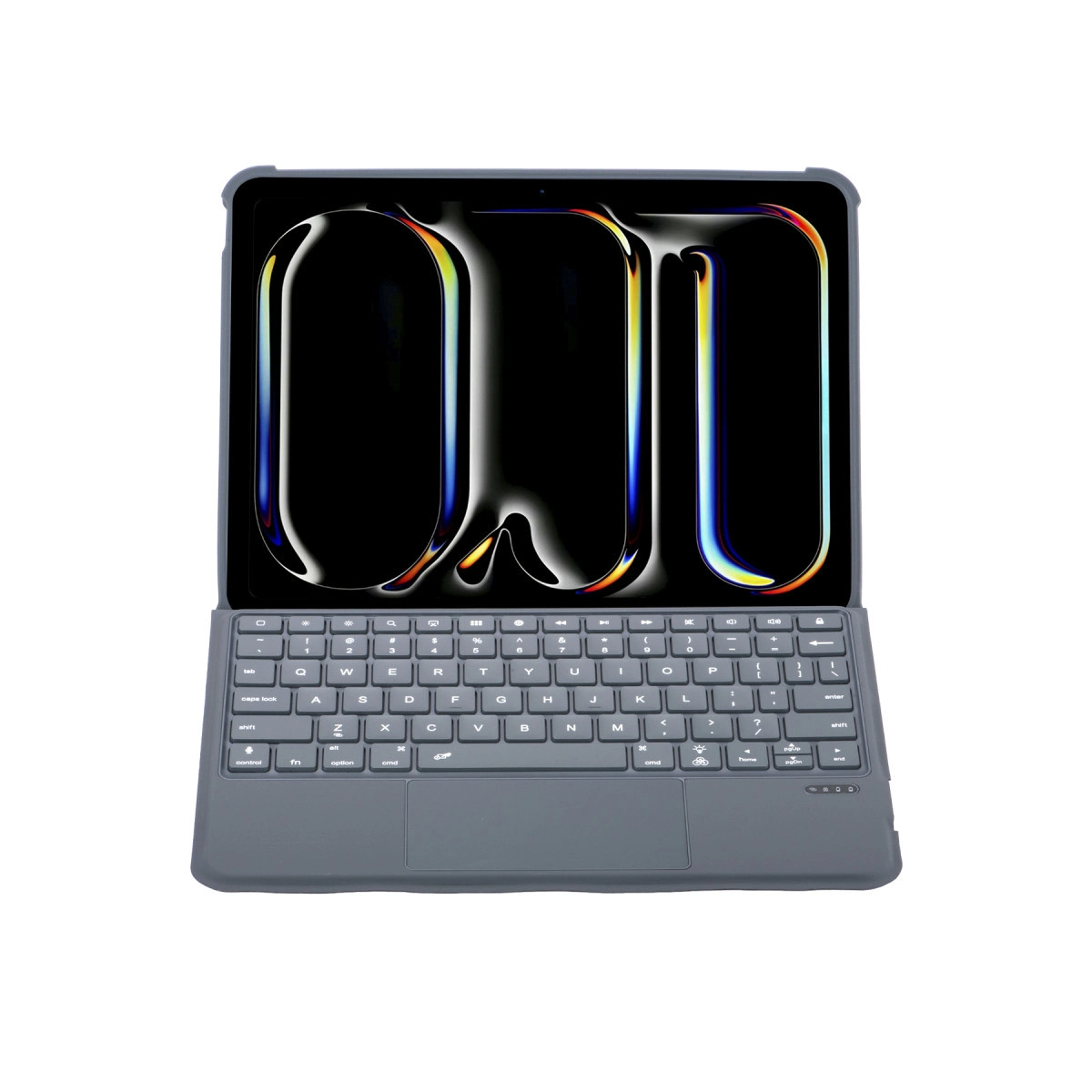 Beyaz arka plan üzerinde bağlı klavyeli gri tablet.