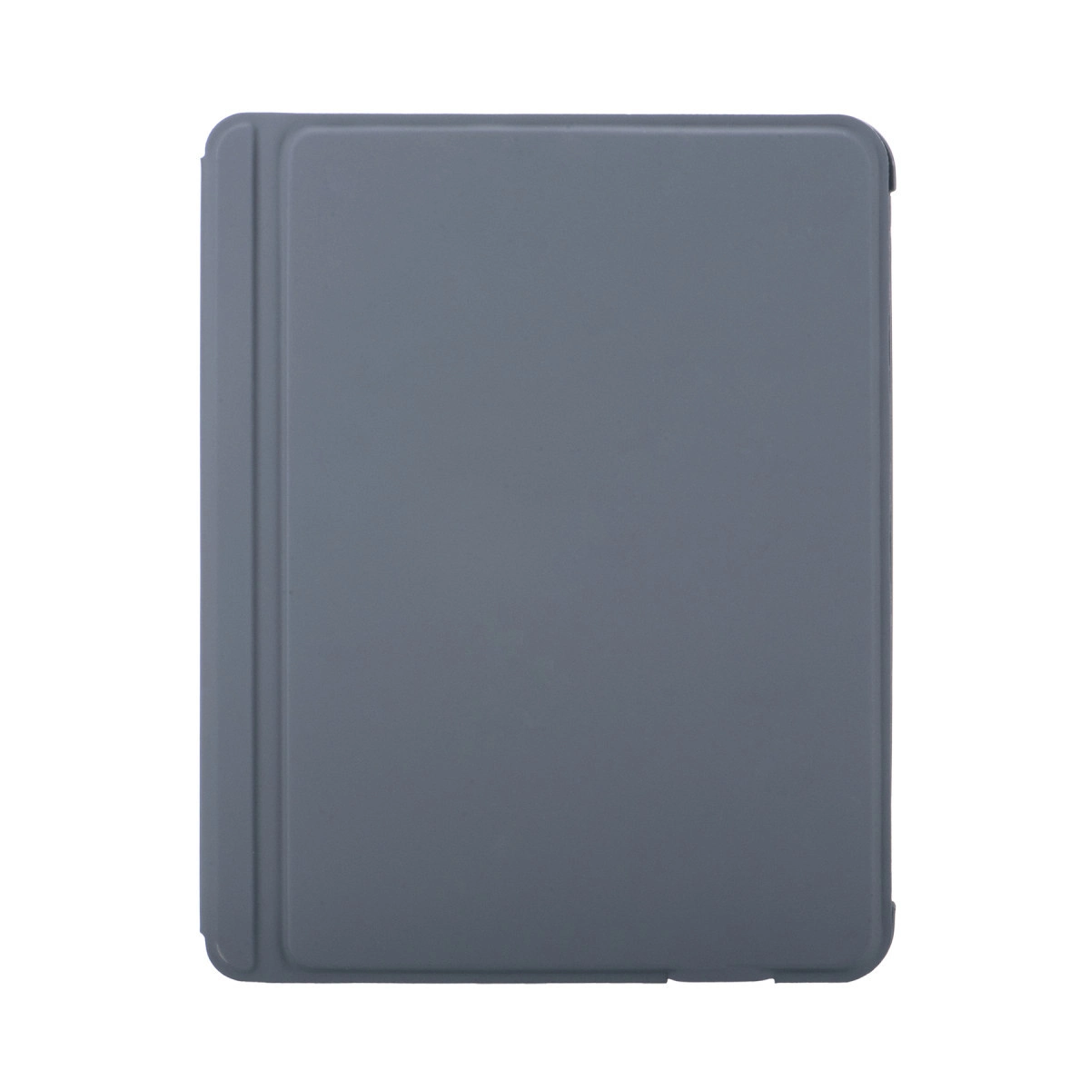 Gri tablet kılıfı, kapalı, yuvarlatılmış köşeler ve sol tarafta kıvrım.