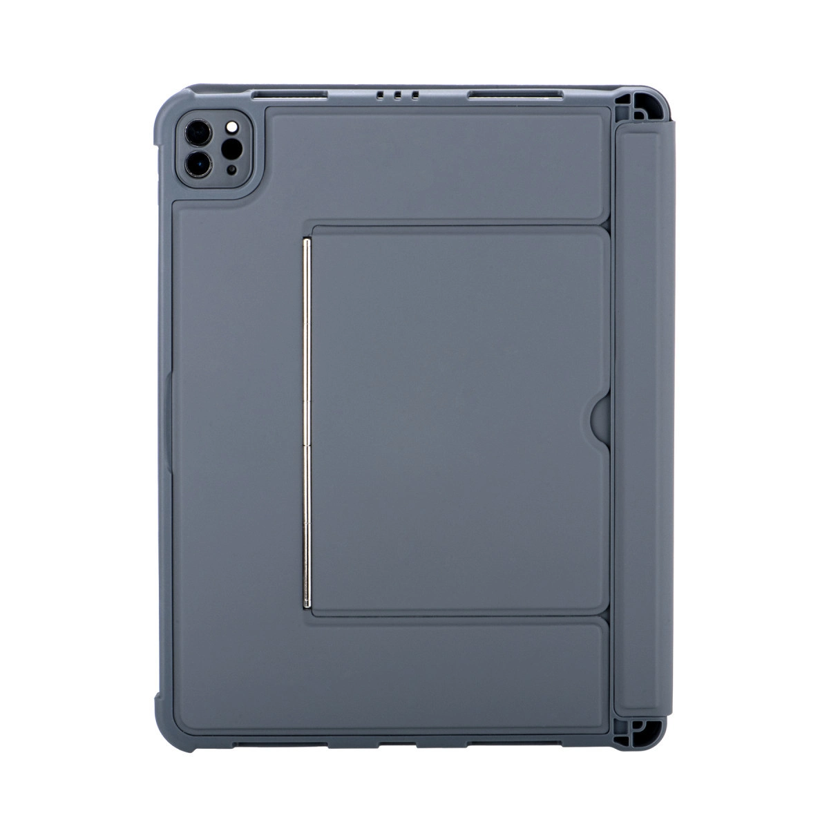 Kamera modülü ve entegre stantlı gri tablet kılıfı.