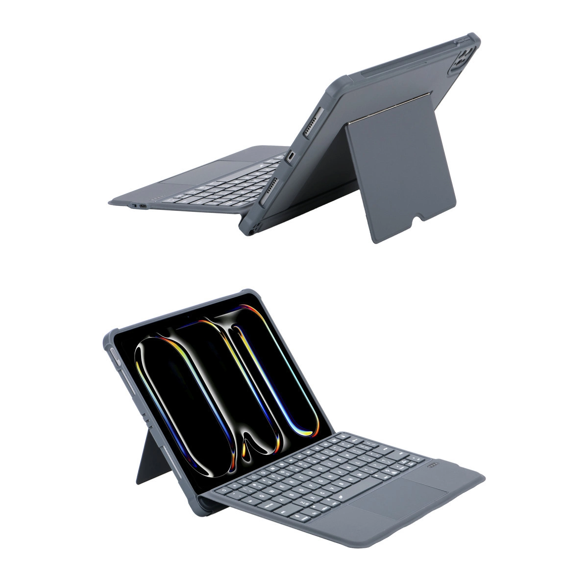 Klavye ve stantlı gri tablet, ön ve arka görünümler.