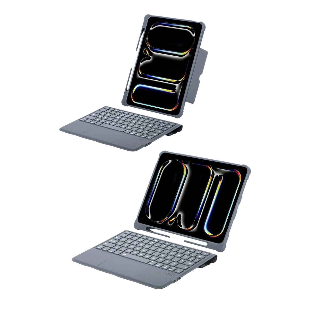 Klavye içeren iki gri tablet kılıfı gösterilmektedir. Ekranda soyut renkli şekiller yer almaktadır.