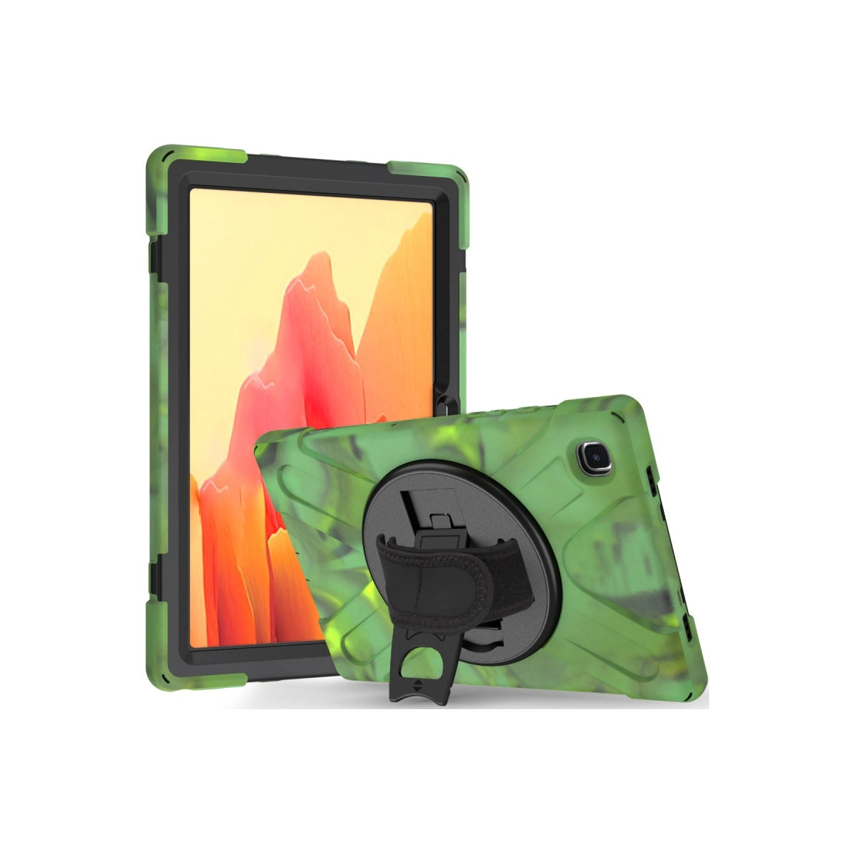 Standlı ve kılıflı iki yeşil tablet kılıfı. Biri dik duruyor, diğeri önde yatıyor.