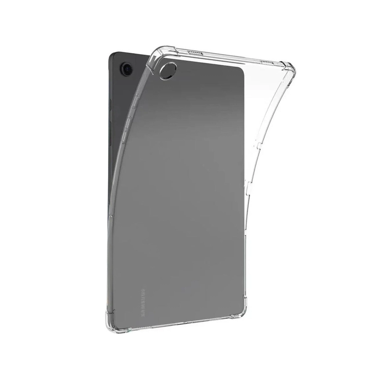 Arkasına kısmen takılmış şeffaf kılıflı şeffaf tablet.