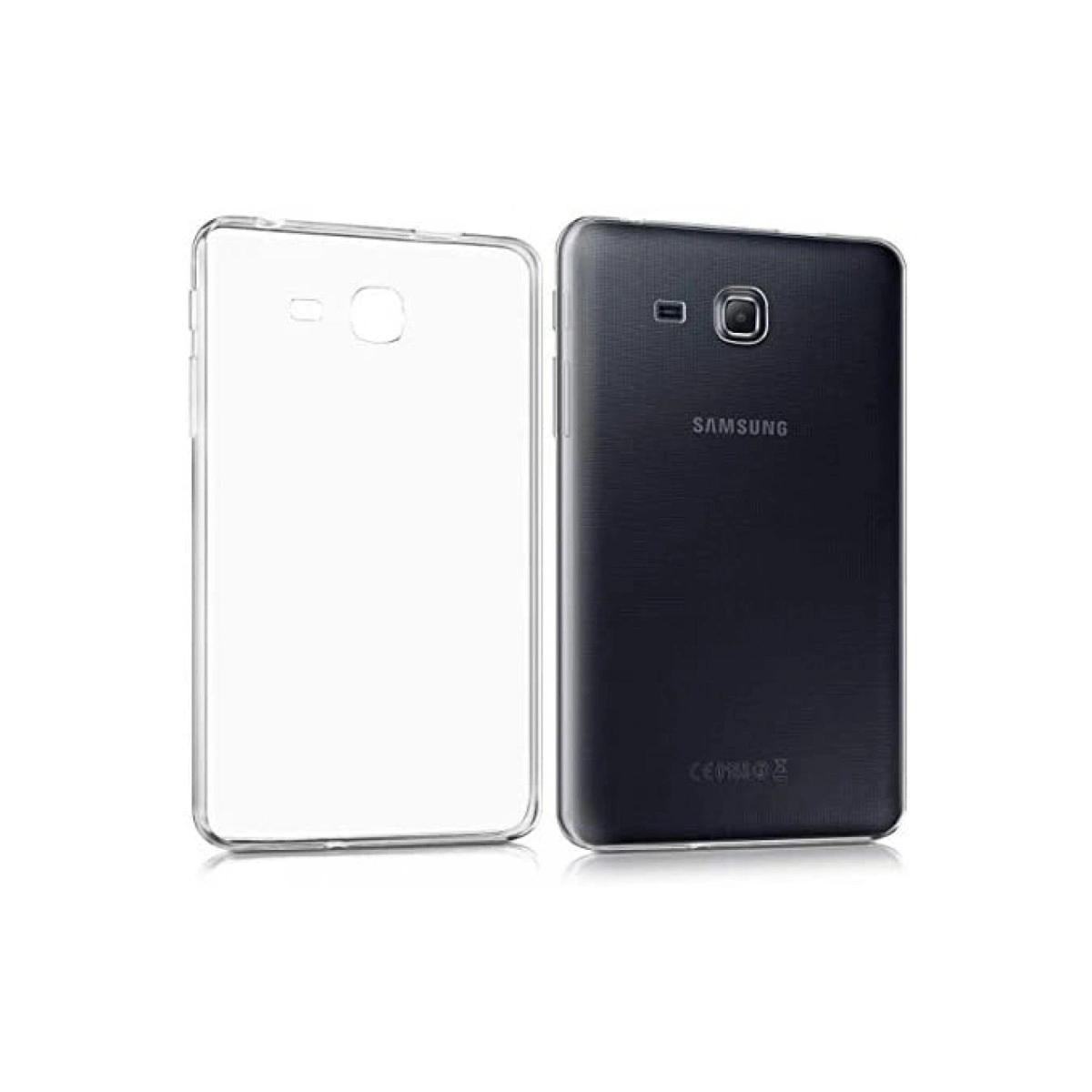 Şeffaf telefon kılıfı ve siyah bir Samsung telefon yan yana.