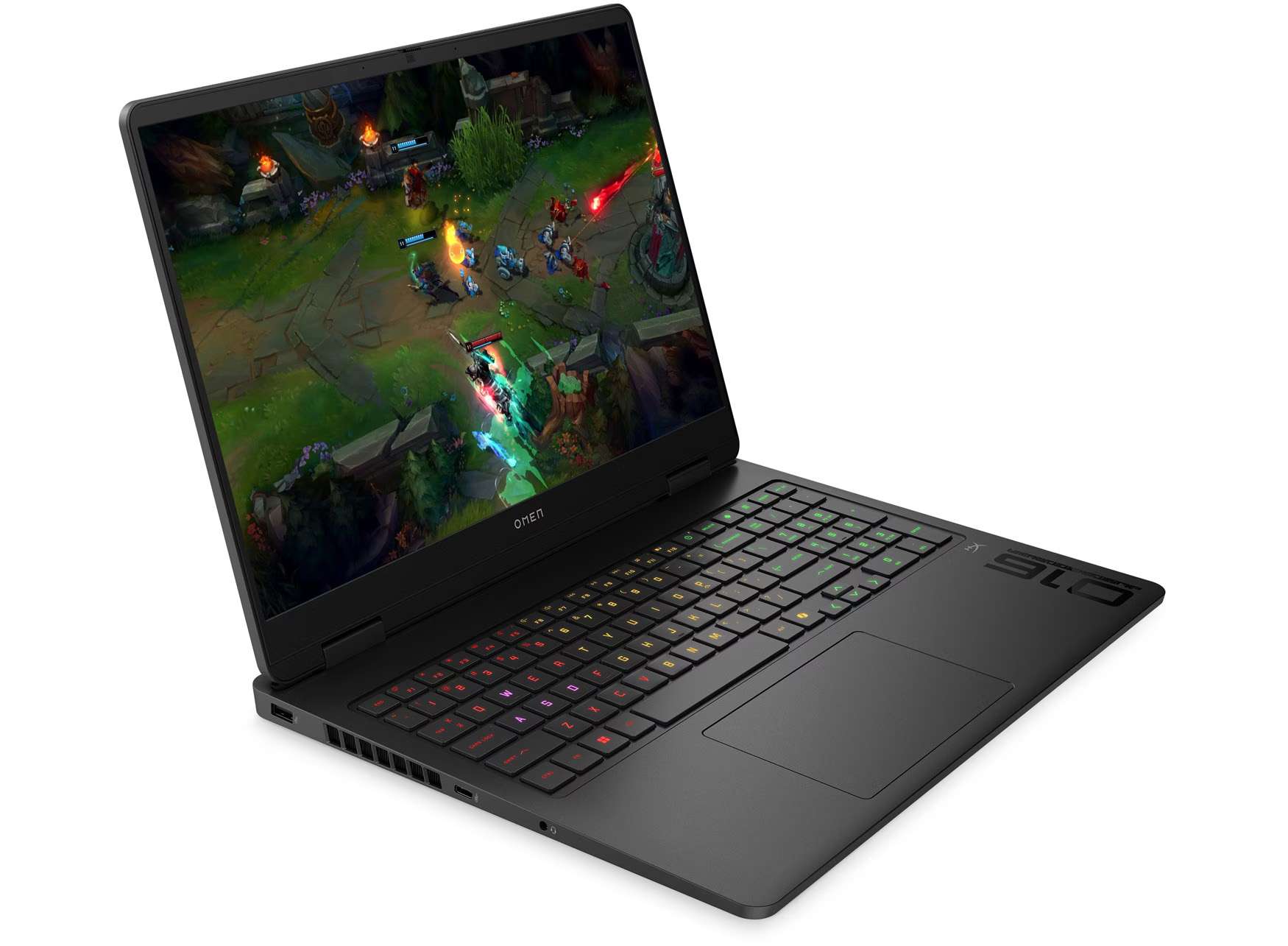 Schwarzer Laptop mit beleuchteter Tastatur zeigt ein Spiel. Oben links ist das Logo.