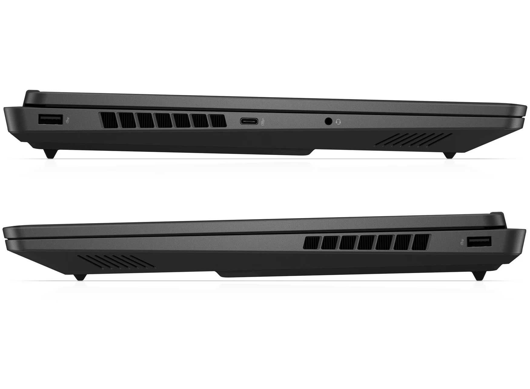 Schwarzer Laptop-Seite mit Lüftungsschlitzen, USB- und Kopfhöreranschlüssen.