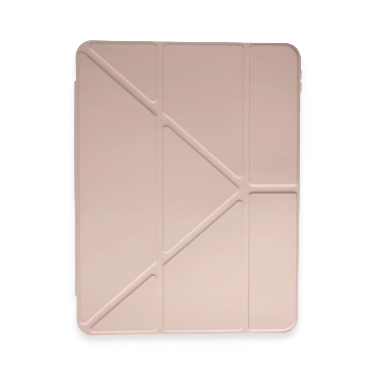 Geometrik desenli açık pembe tablet kılıfı beyaz yüzeyde duruyor.