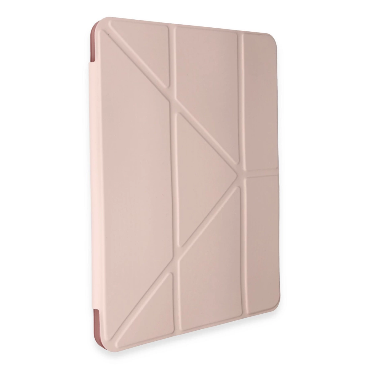 Geometrik desenli ve manyetik kapaklı pembe tablet kılıfı.