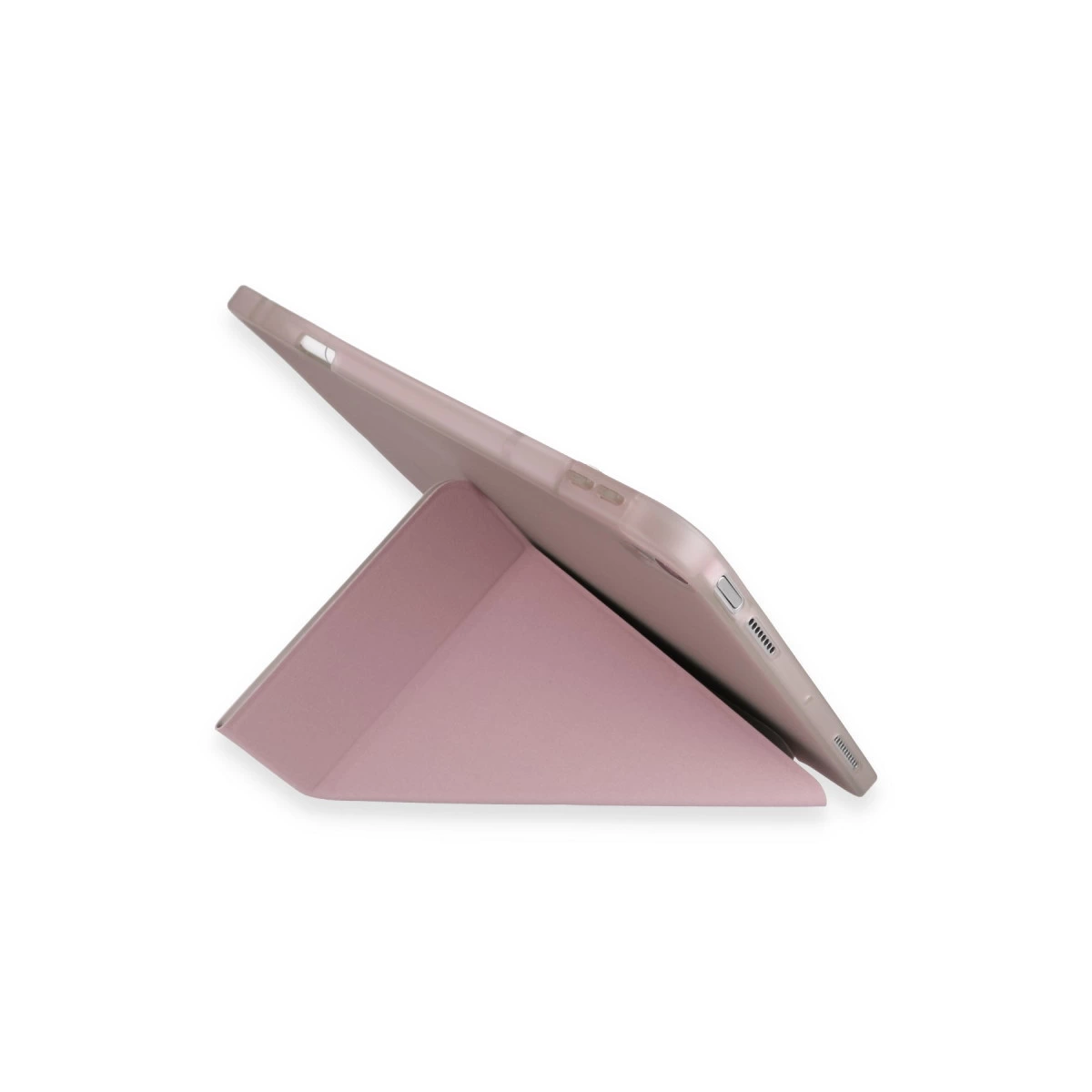 Bordo rengi tablet, beyaz arka plana karşı, uyumlu üçgen bir stant üzerinde duruyor.