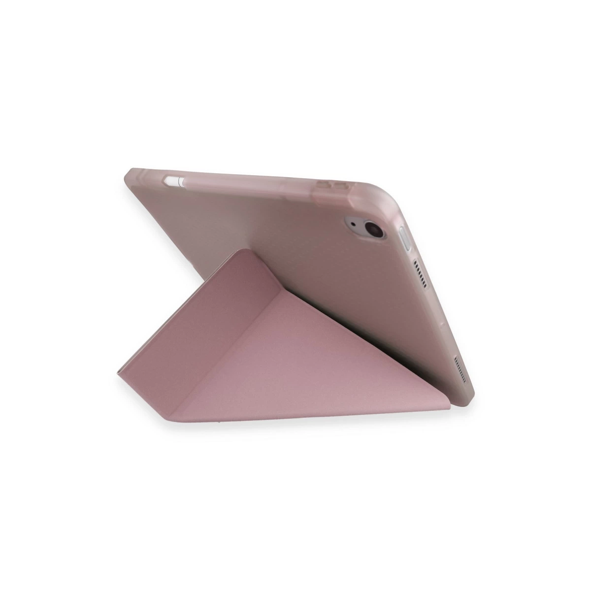 Beyaz arka plan üzerinde bir tableti tutan pembe tablet standı.