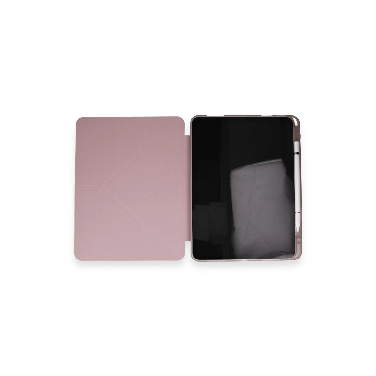Açık pembe tablet kılıfı, bir tableti ve kalemi gösteriyor.