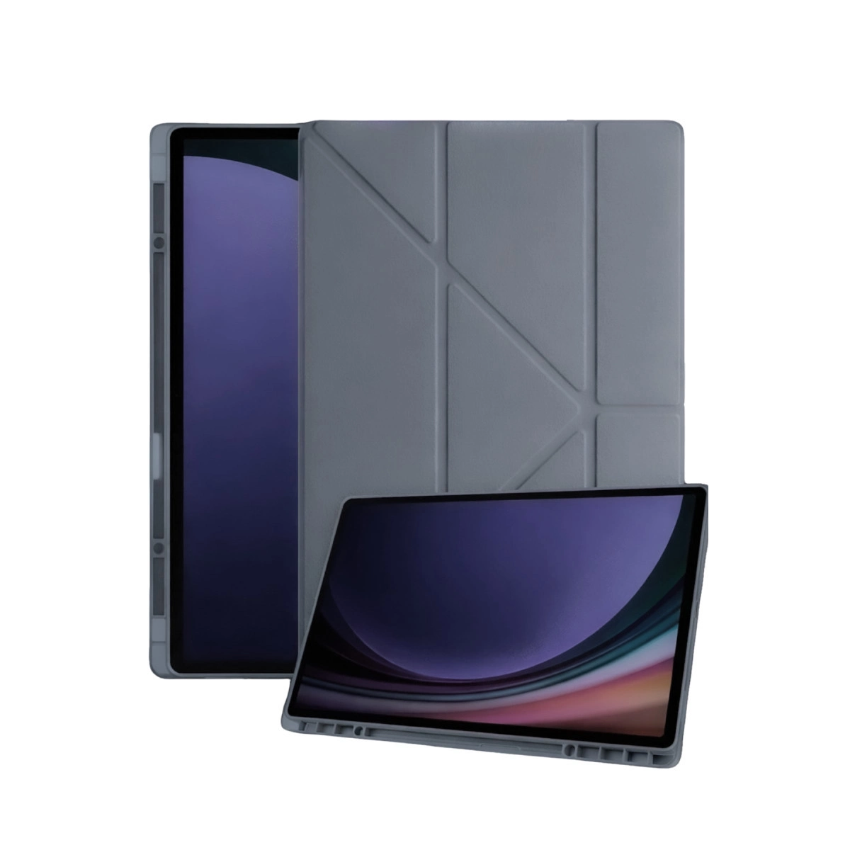 Katlanmış kılıflı gri tablet, beyaz bir yüzeyde duruyor.