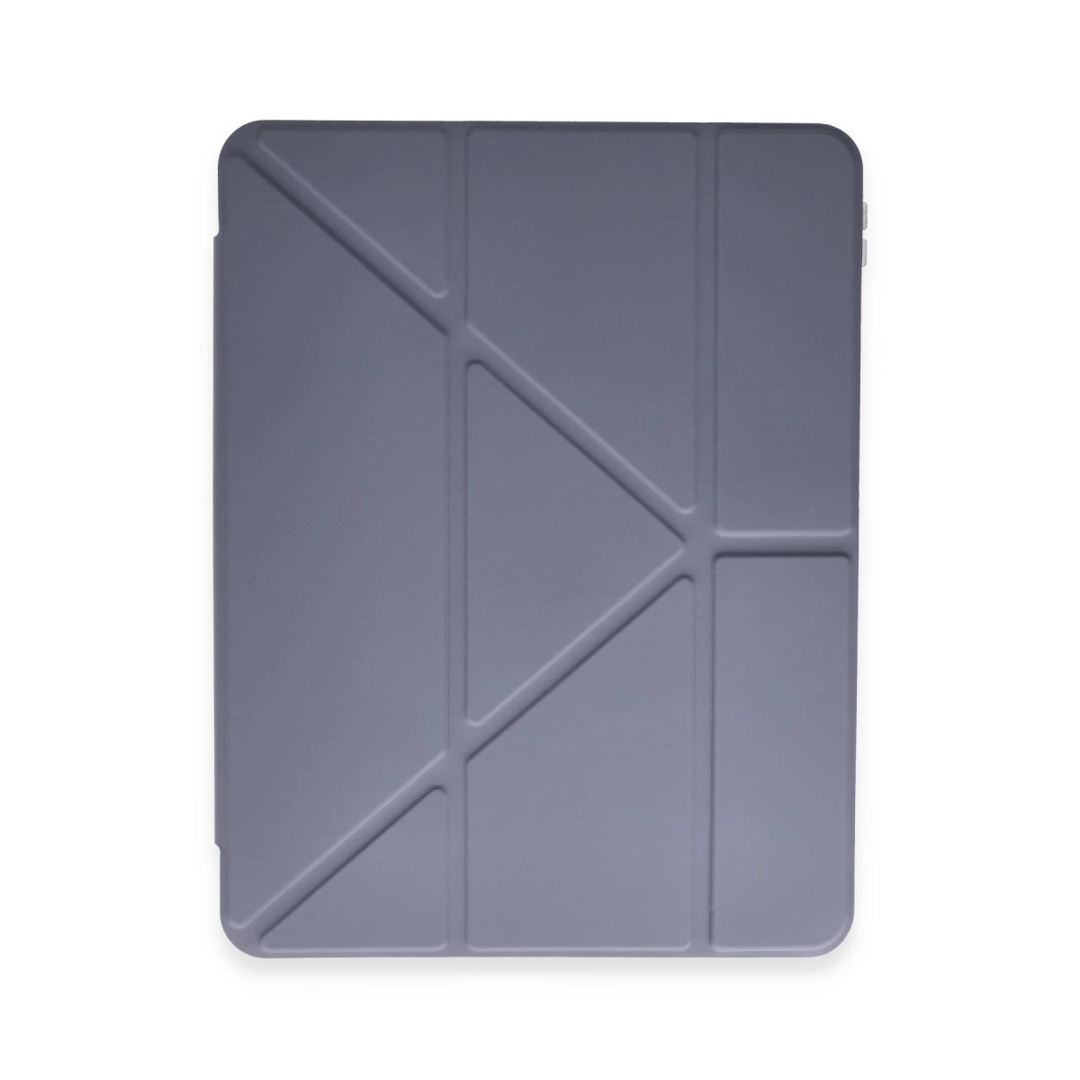 Geometrik desenli gri tablet kılıfı, beyaz arka plan üzerinde.