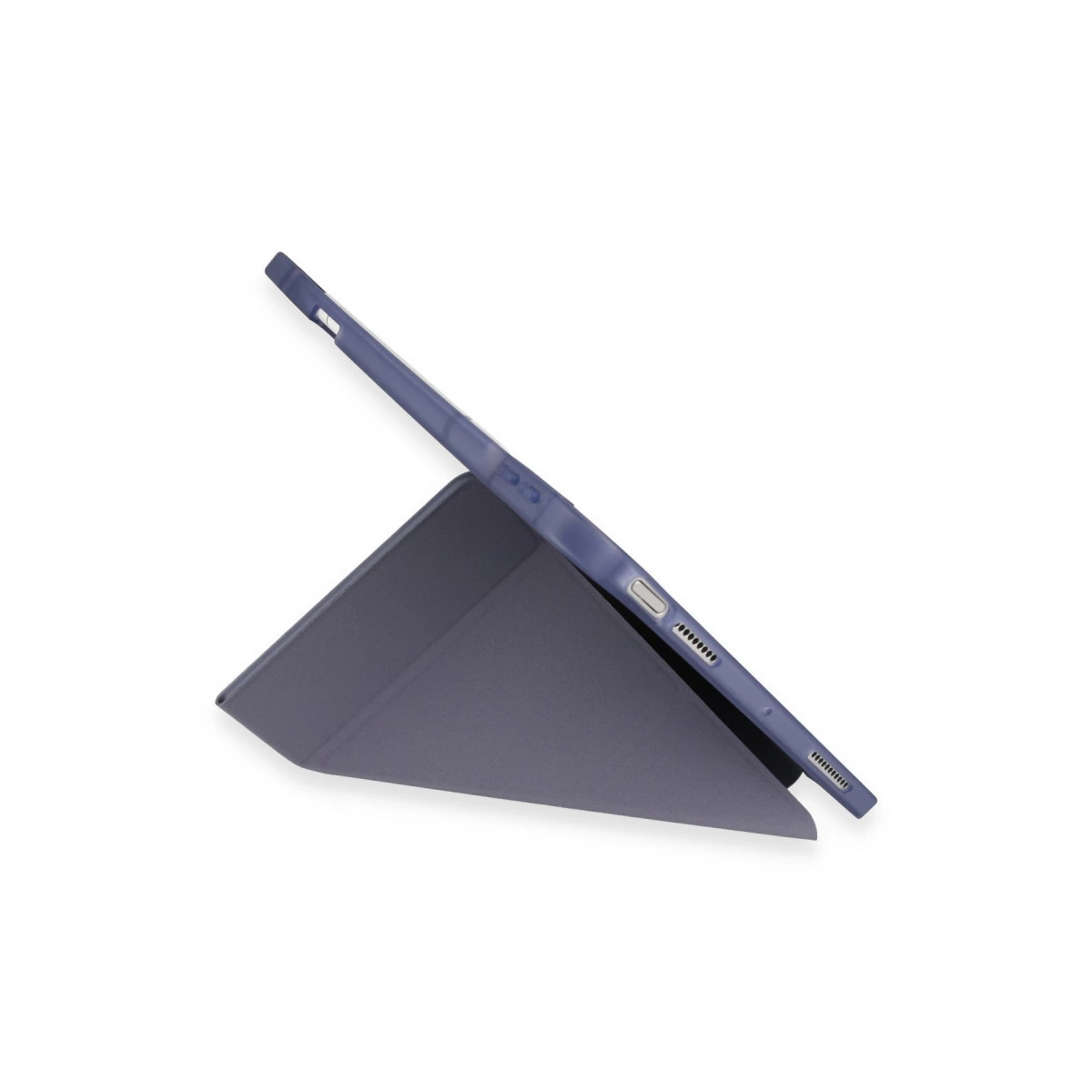 Bir stant görevi gören koyu gri kılıflı mor tablet.