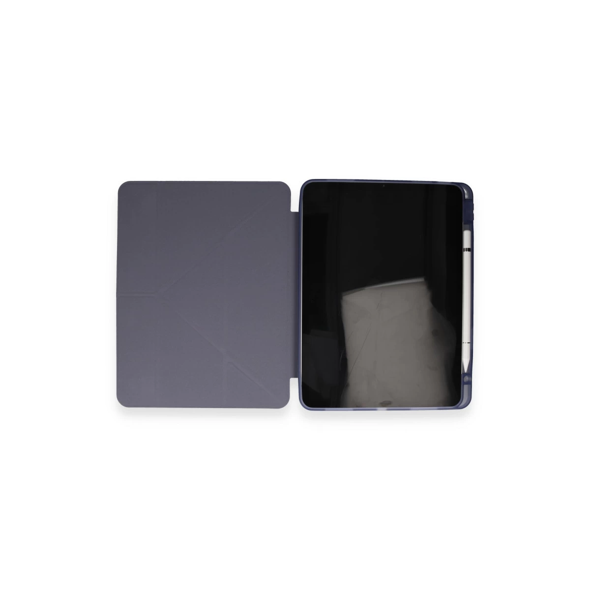 Yanında kalem bulunan koyu mavi kılıfta açık bir tablet.