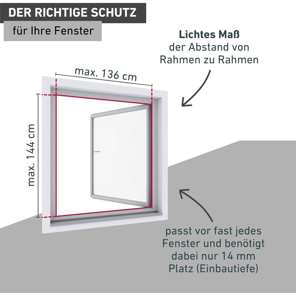 Fensterrahmen mit Maßen 144 cm Höhe und 136 cm Breite.