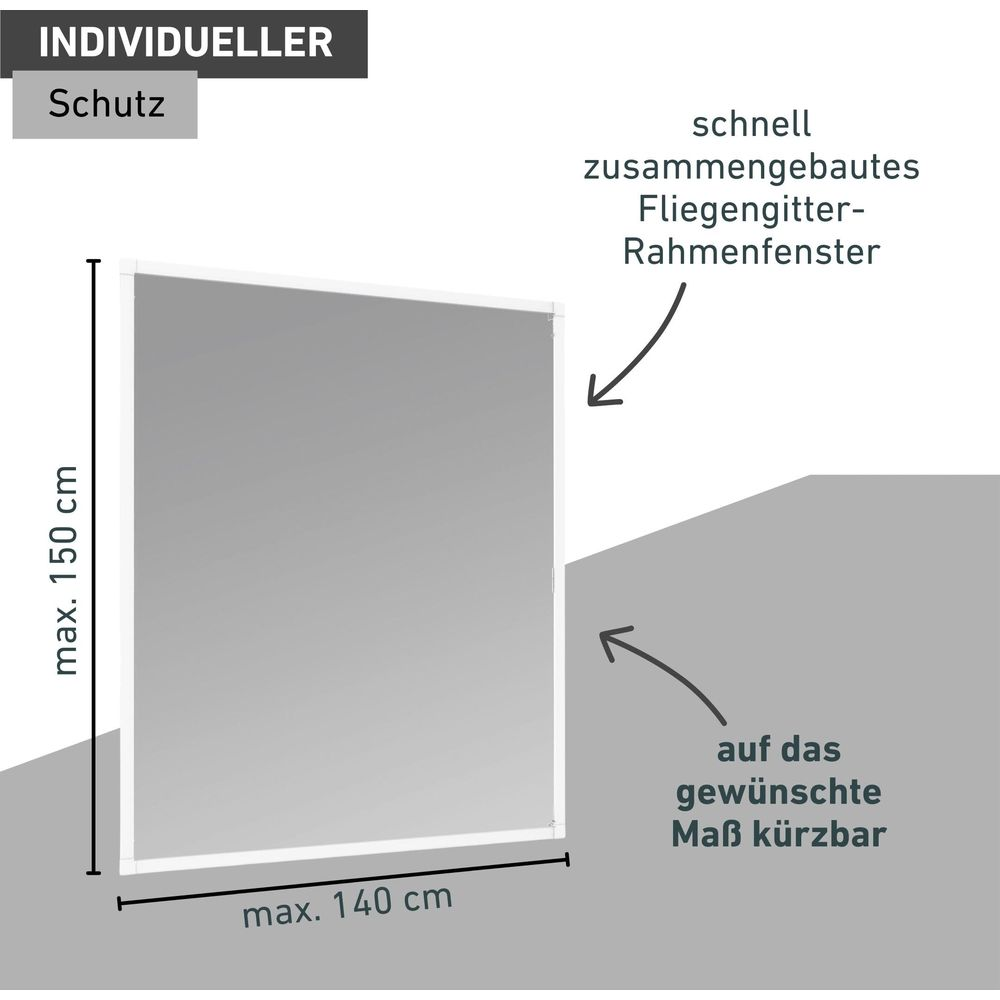 Ein graues Fliegengitter-Rahmenfenster, max. 150x140 cm, kürzbar.