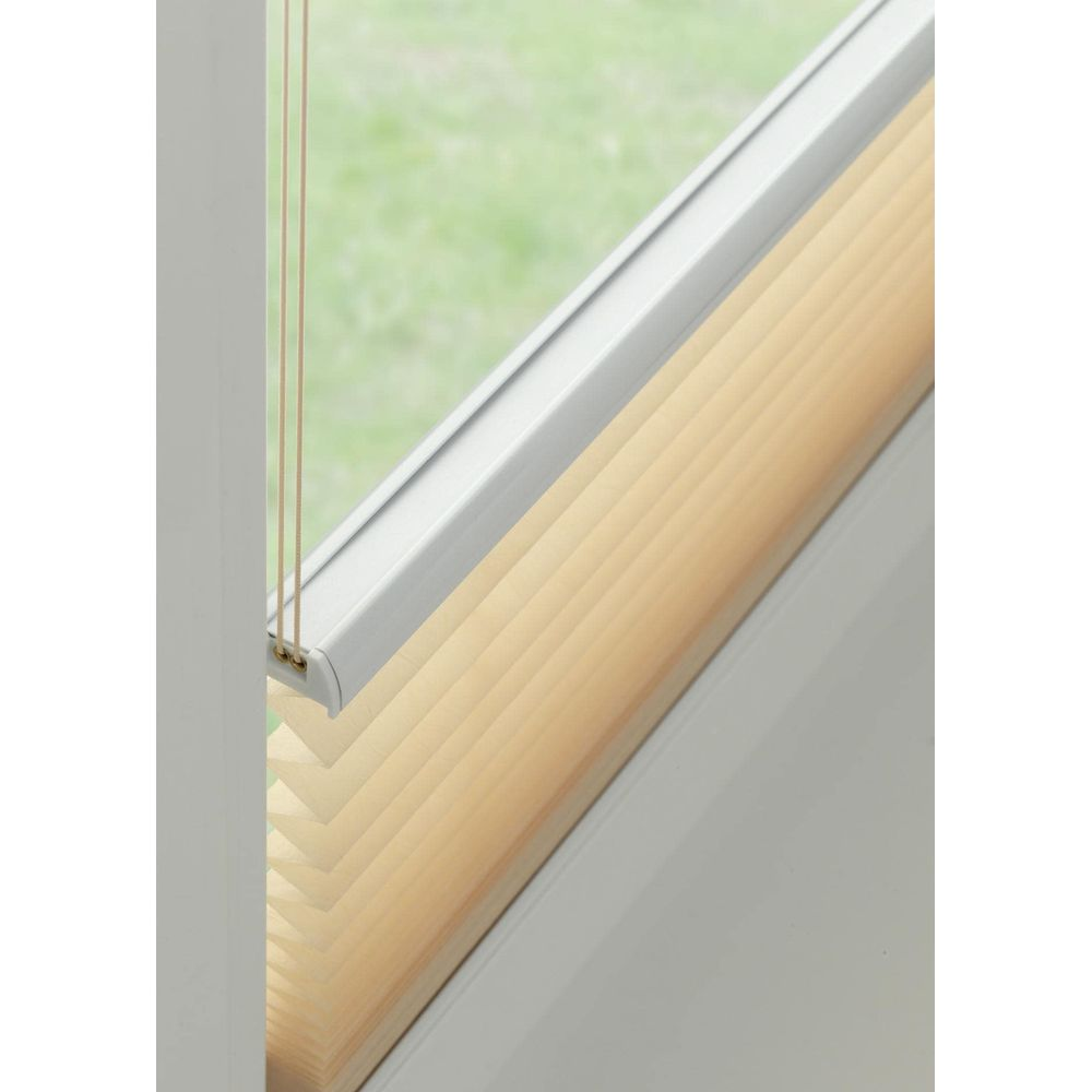 Ein geschlossener beige Jalousie mit Schnüren, draußen grüne Bäume.