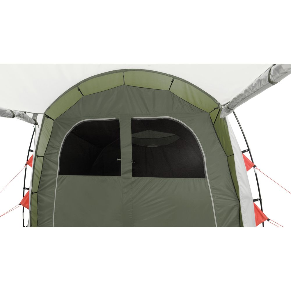 Tenda verde con elementi bianchi e grigi, due finestre e una tettoia.