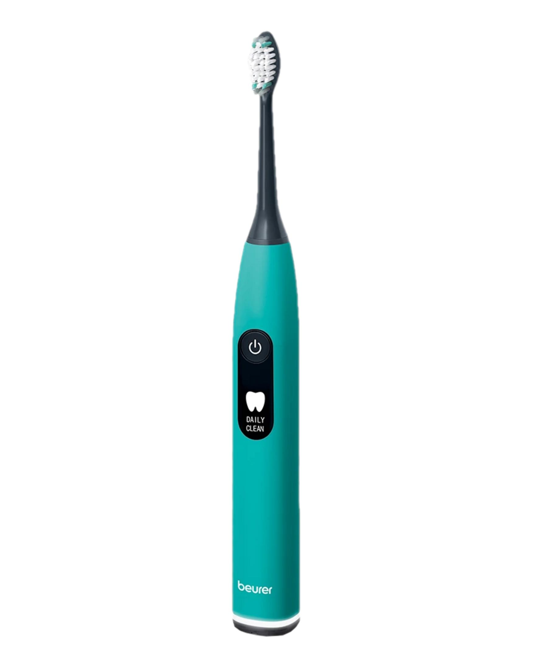 Een turquoise elektrische tandenborstel met een zwarte hals en borstels.