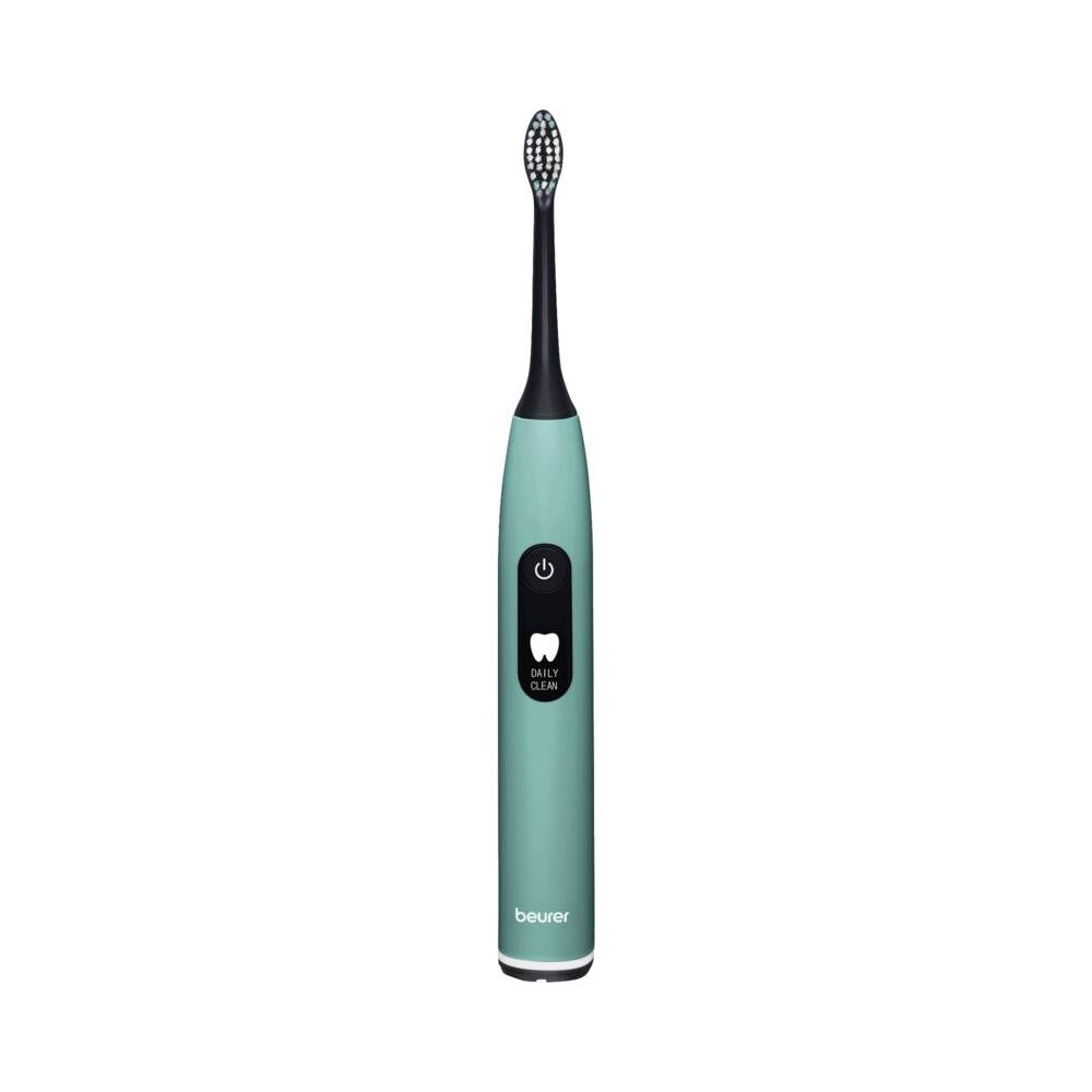 Een teal-kleurige elektrische tandenborstel met zwarte kop en knoppen. Het Beurer-logo is zichtbaar.