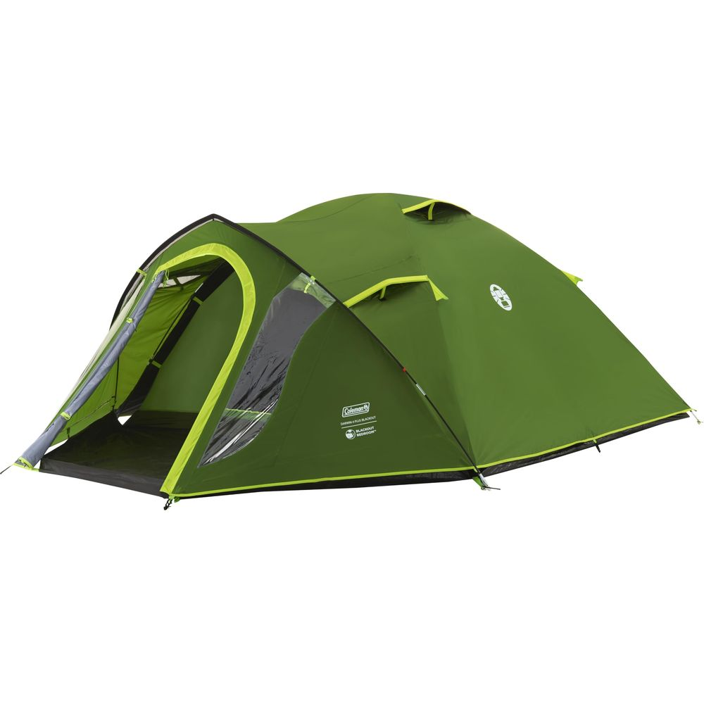 Una tenda verde Coleman con accenti gialli su sfondo bianco.