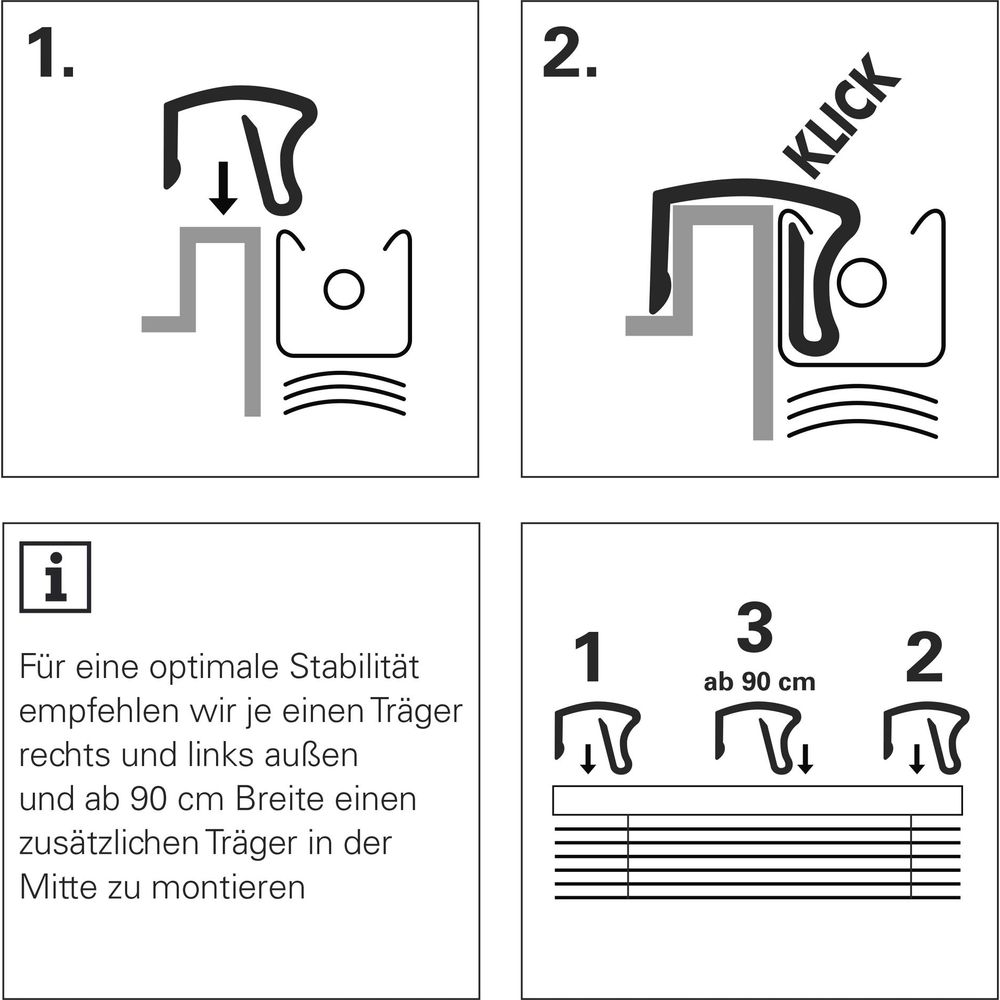 Anleitung: Einsetzen und Klick-Mechanismus, Stabilitäts-Hinweis und Montage-Übersicht.
