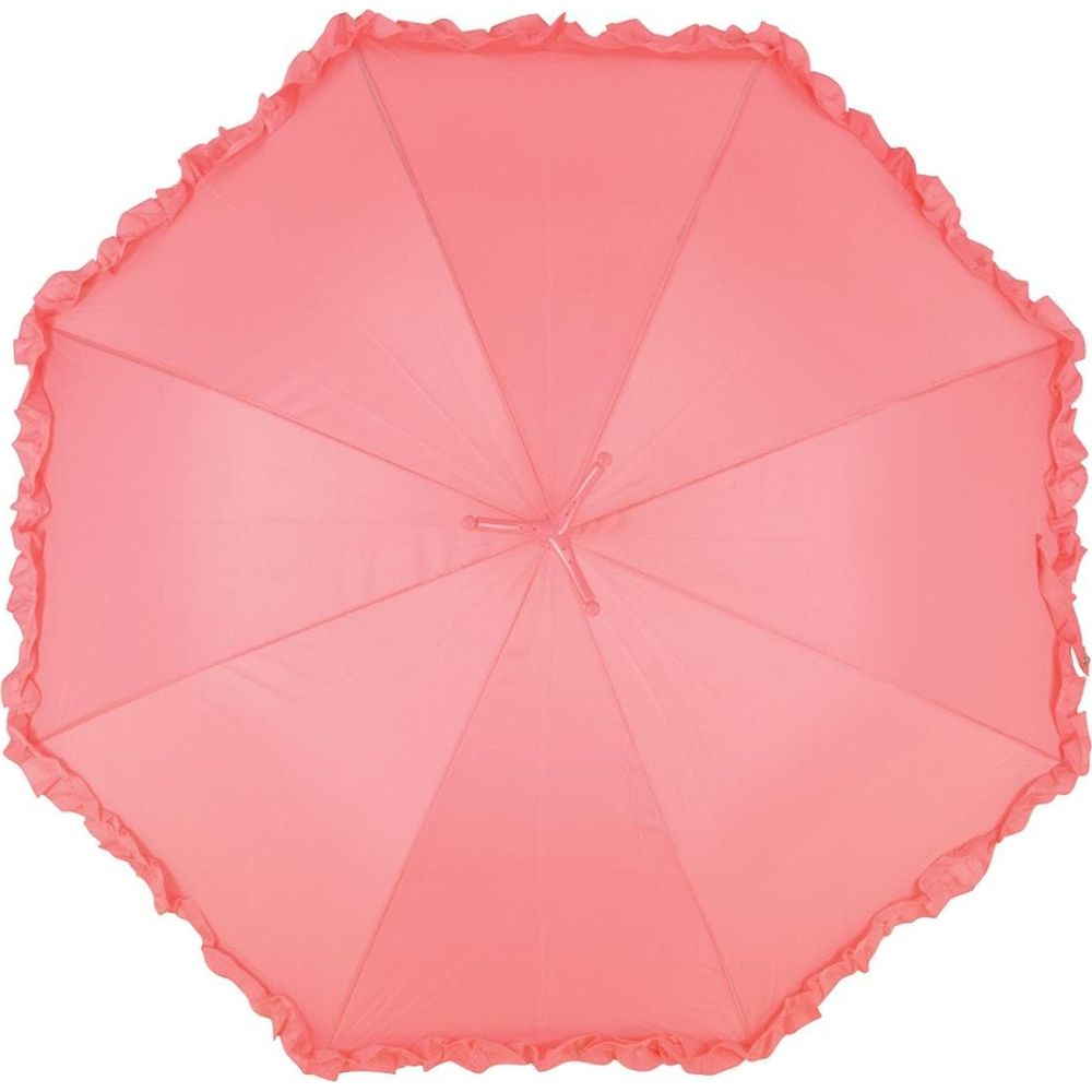 Ein pinker Regenschirm mit Rüschenrand ist von oben gezeigt.