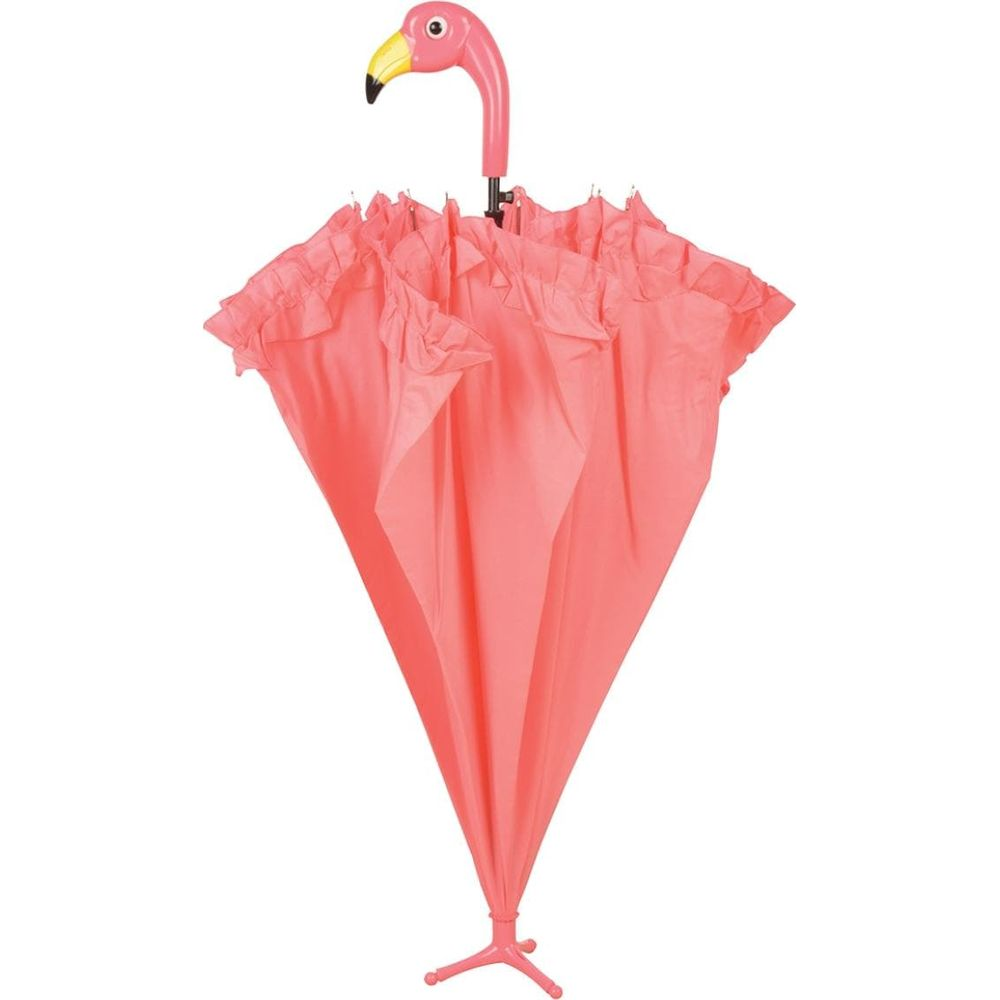 Ein geschlossener, korallenfarbener Flamingo-Regenschirm mit Rüschen und einem dreibeinigen Ständer.