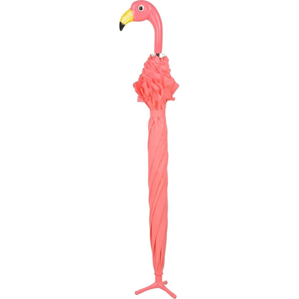 Ein geschlossener, korallenfarbener Regenschirm mit einem Flamingo-Griff.