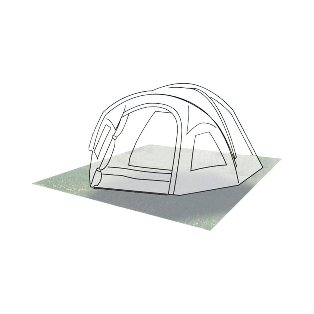 Un disegno al tratto di una tenda a cupola montata su un telo grigio.