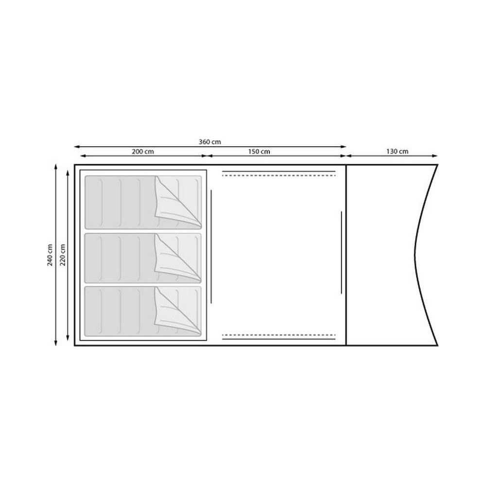 Piantina di una tenda con tre scomparti letto e un vestibolo. Vengono mostrate le dimensioni.
