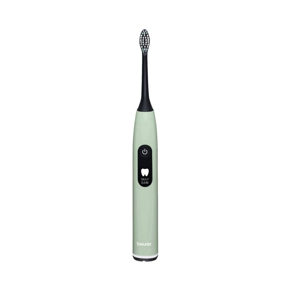 A light green electric toothbrush with a black brush head and a 'Daily Clean' icon.