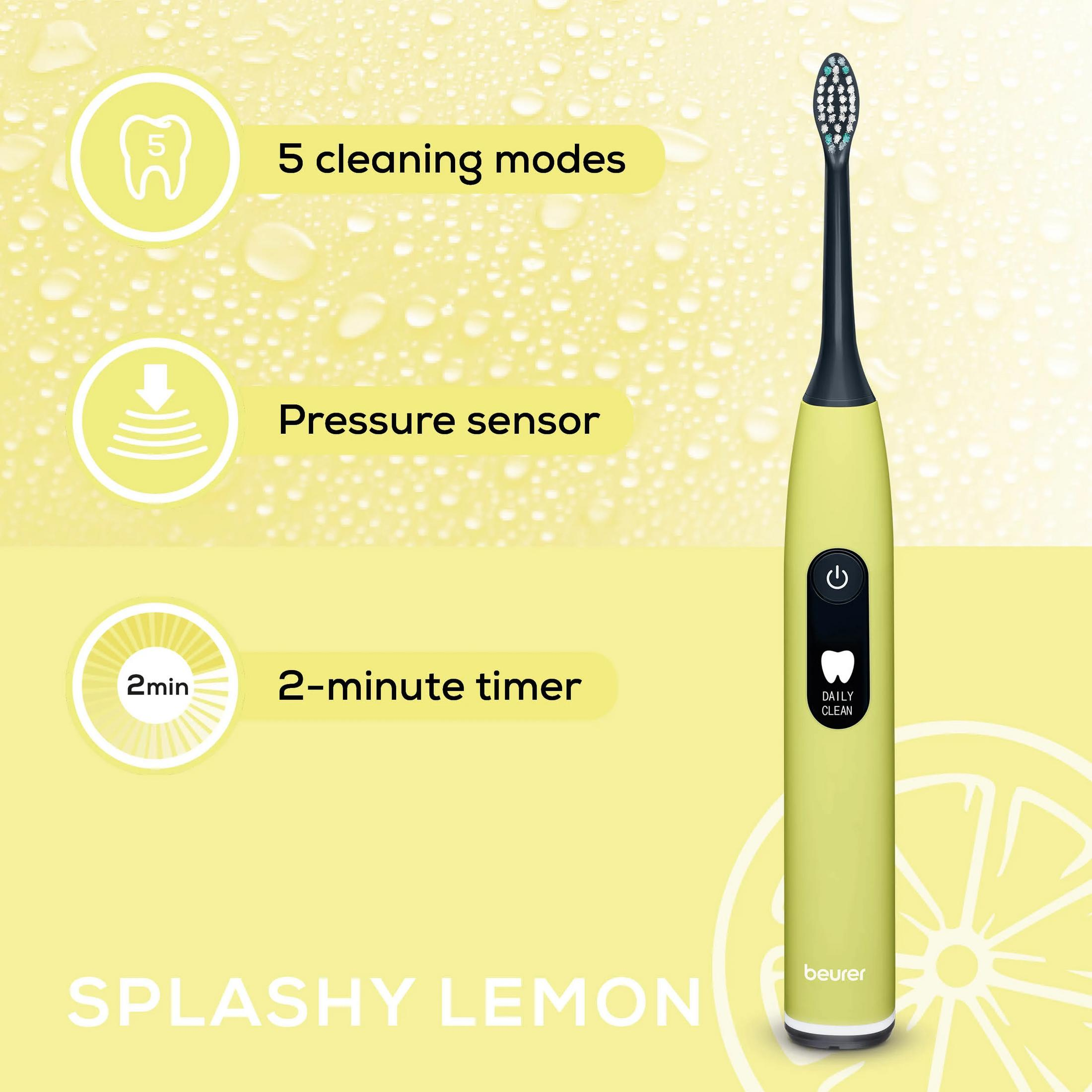 A yellow electric toothbrush with features like 5 cleaning modes, pressure sensor, 2-minute timer.