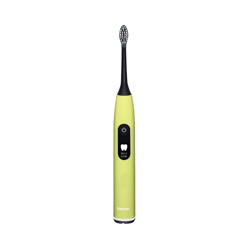 A light green electric toothbrush with a black neck and brush head.