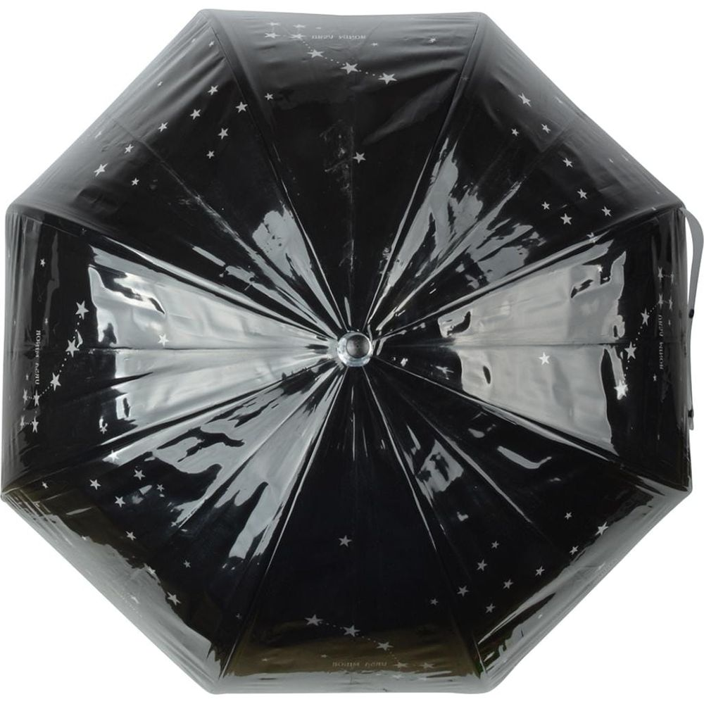 Schwarzer Regenschirm mit Sternenmuster und silbernem Griff.