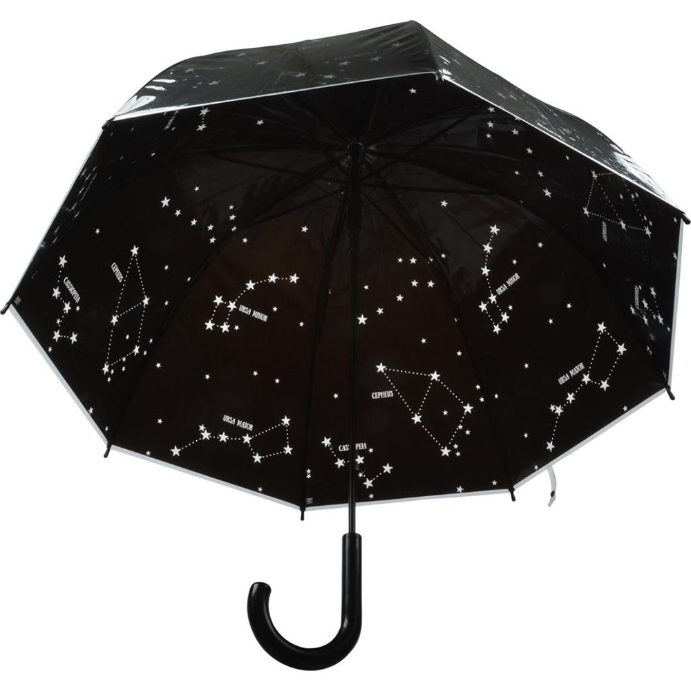 Ein offener schwarzer Regenschirm mit einem Sternbildmuster und einem schwarzen Griff.