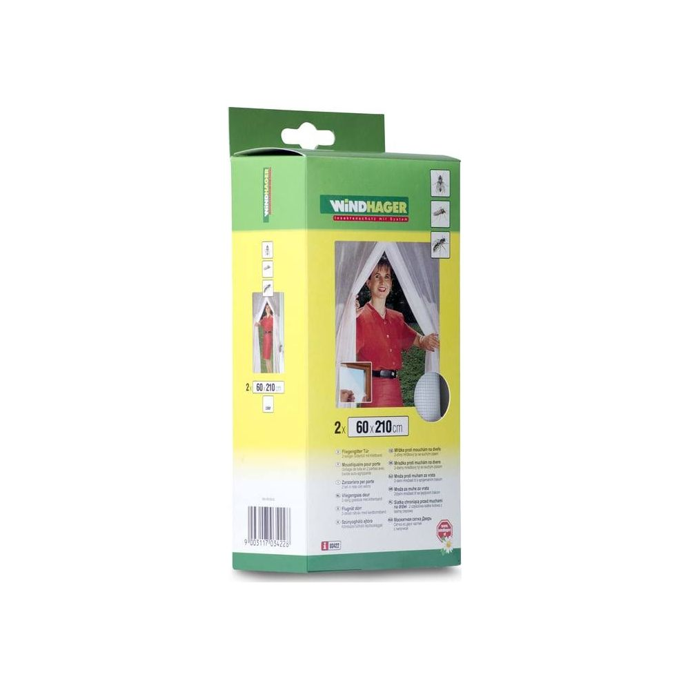 Verpackung für ein 2x 60x210 cm Fliegengitter mit Frau und Montagehinweisen.