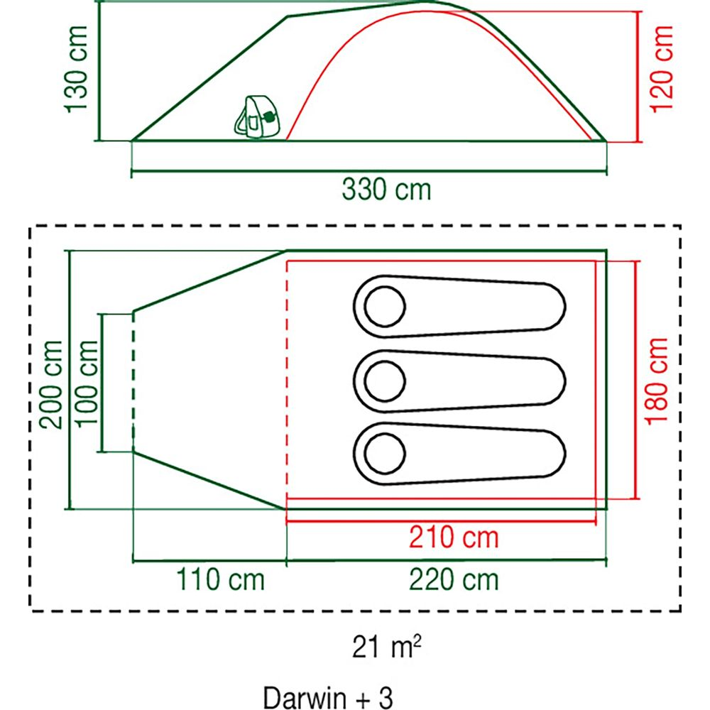 Piantina e vista laterale della tenda con dimensioni. Mostra 3 sacchi a pelo.
