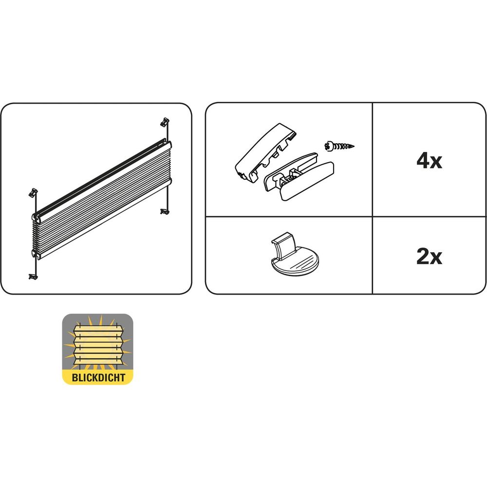 Illustration von Jalousien mit Befestigungsmaterial, 4x Klemmen, 2x Halterung.