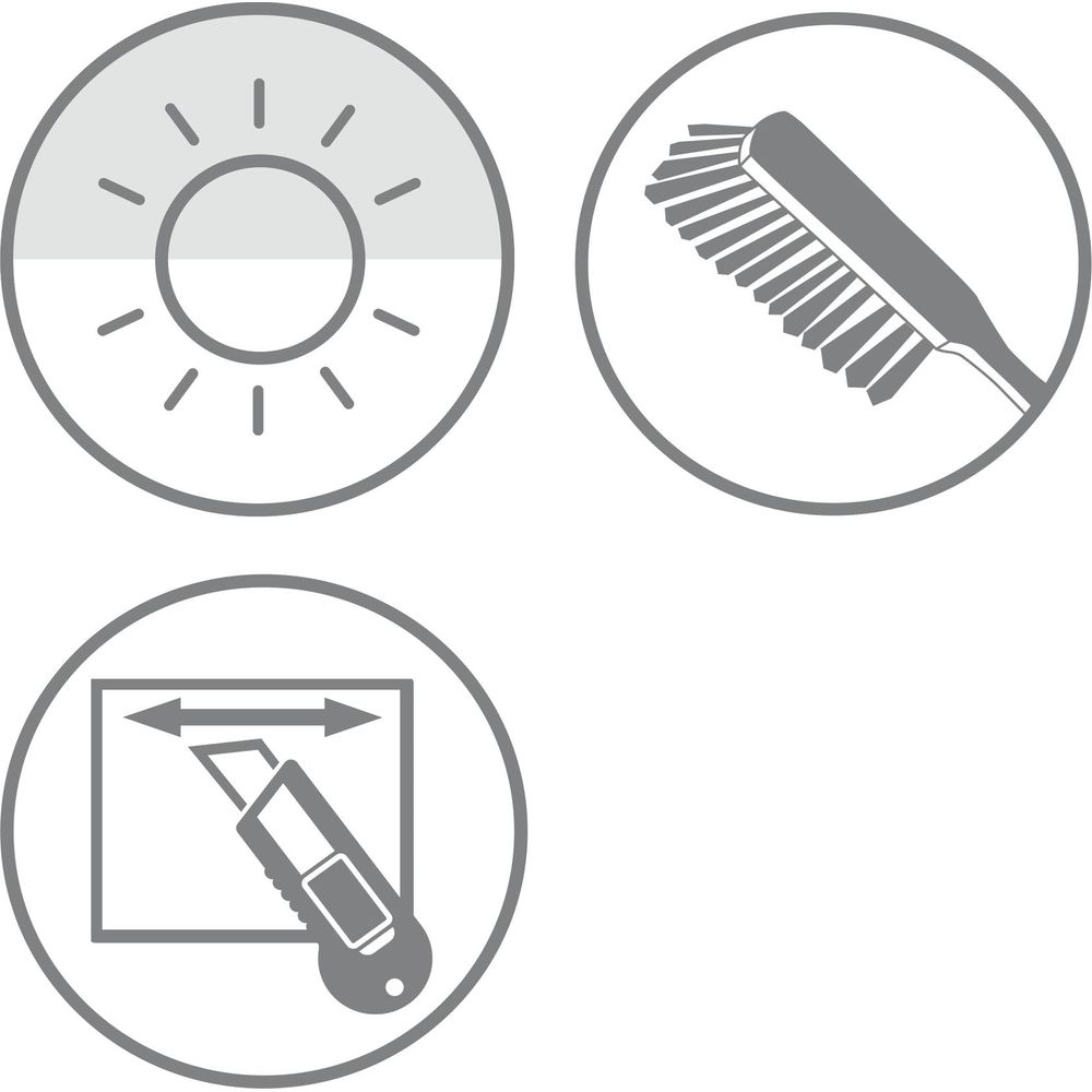 Drei Icons: Sonne, Bürste, Cuttermesser schneidet Linie.
