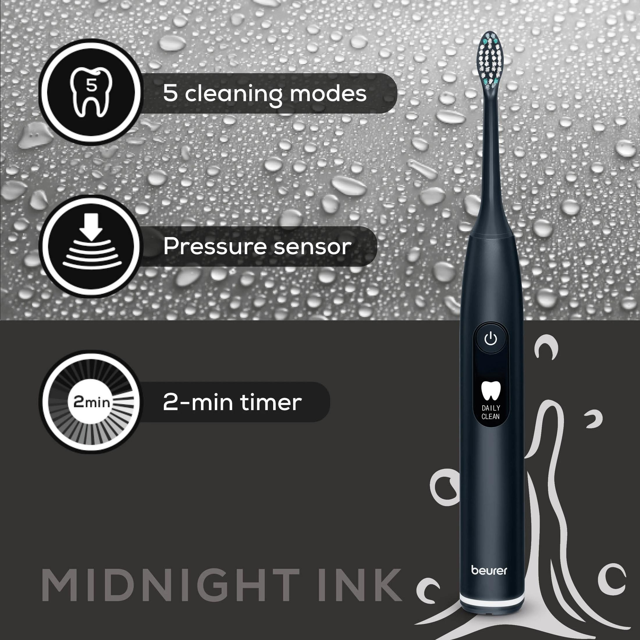 Dark blue toothbrush with 5 modes, pressure sensor, 2-min timer.