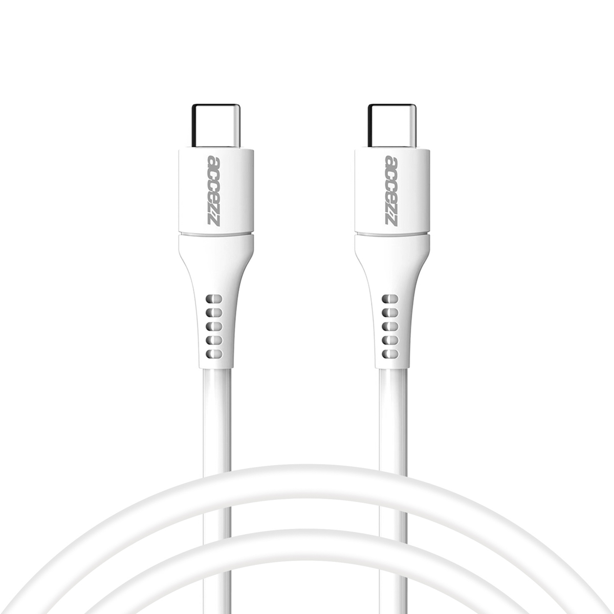 Deux câbles USB-C blancs avec lettrage argenté, sur fond blanc.