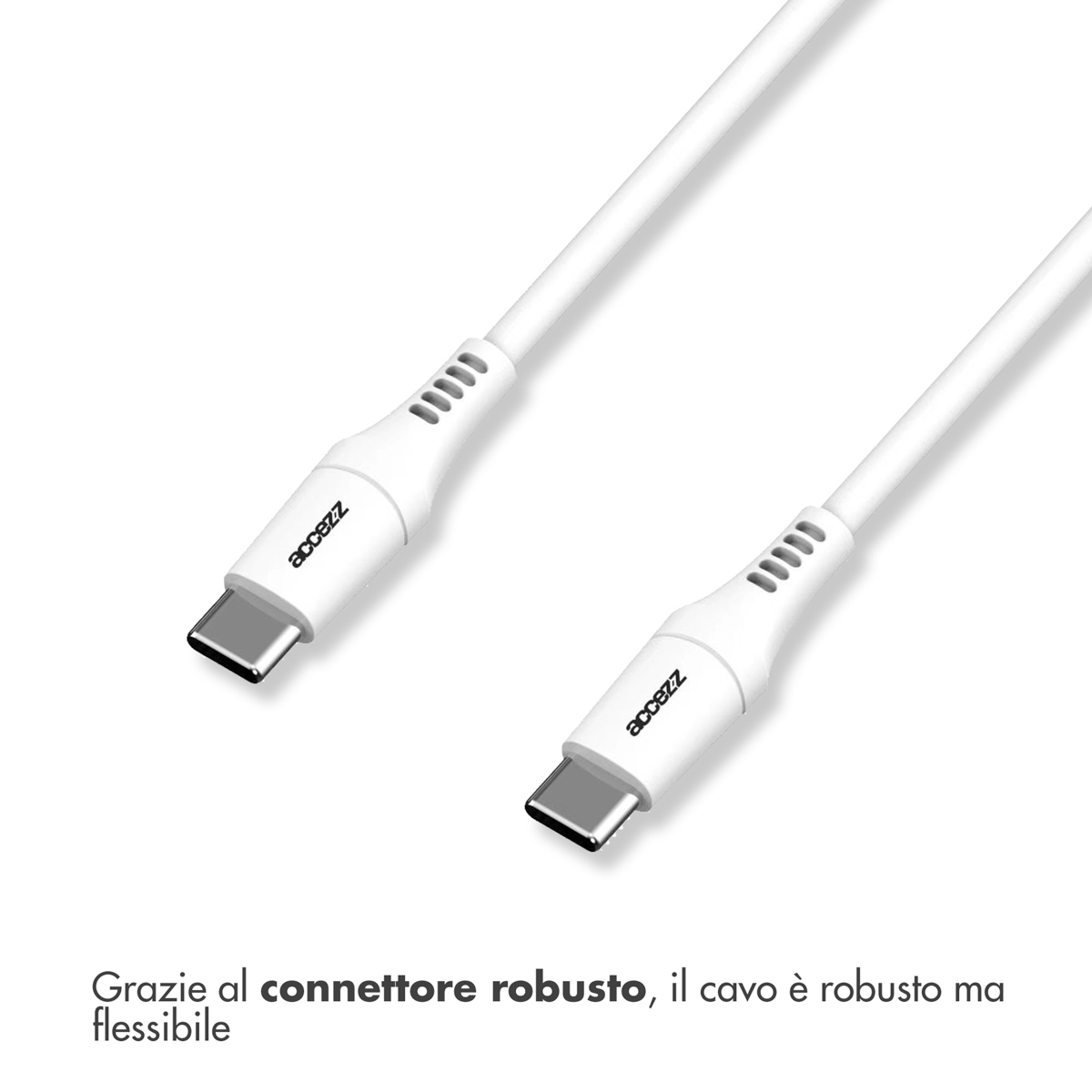 Deux câbles USB-C blancs avec connecteurs argentés sur fond blanc.