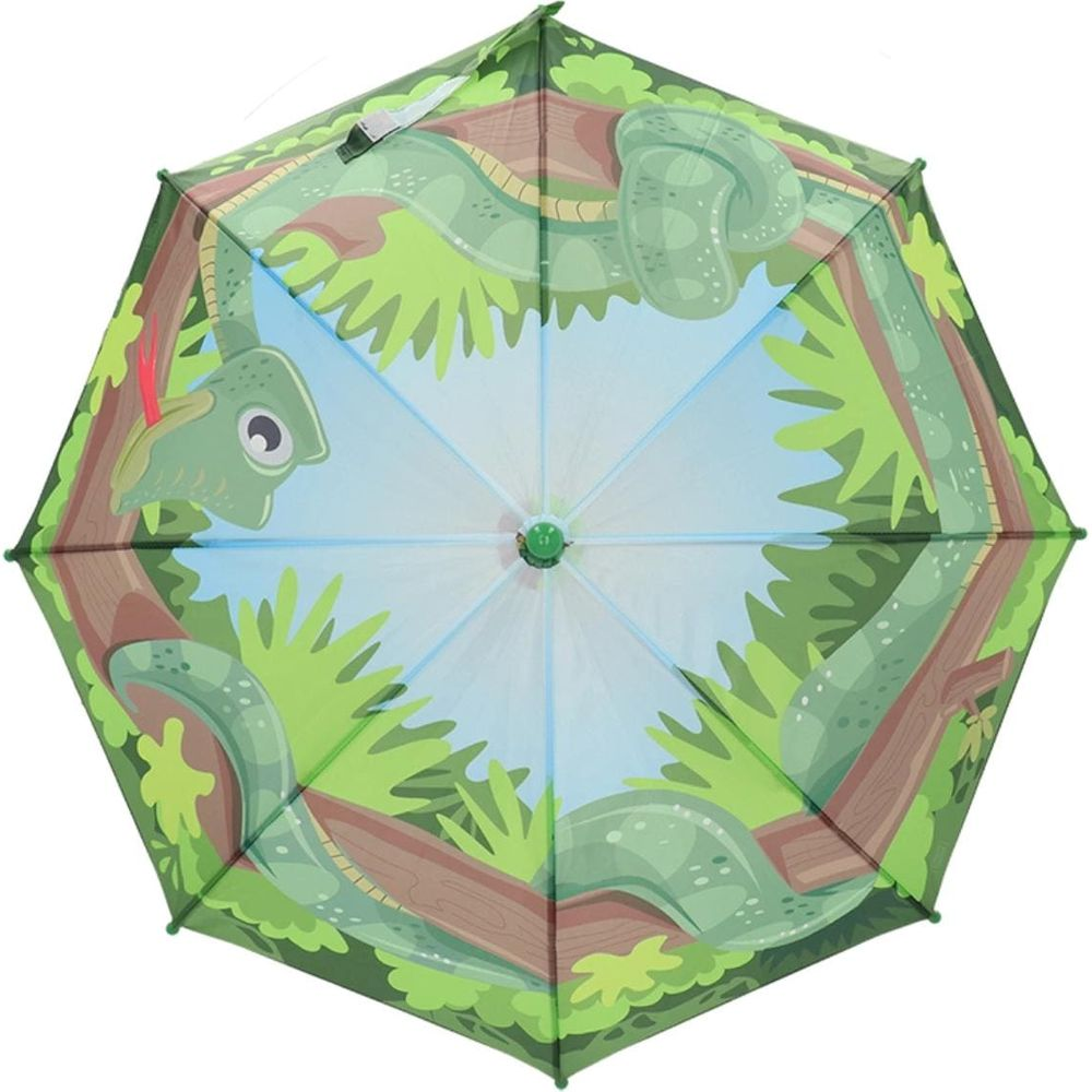Ein geöffneter Regenschirm mit einem grünen Schlangenmuster auf weißem Grund.