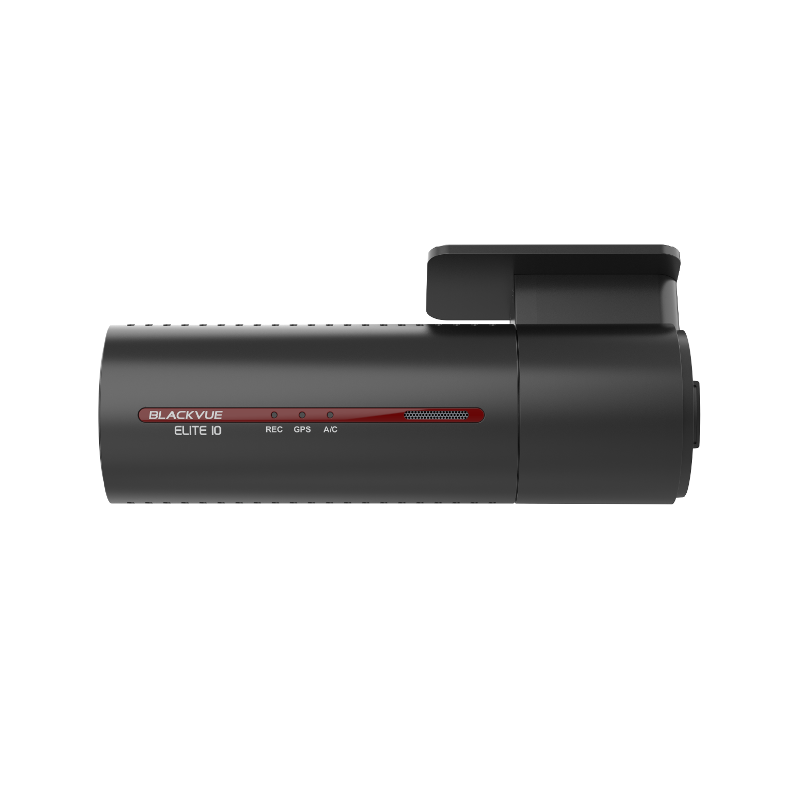 Een zwarte Blackvue Elite 10 dashcam met REC, GPS, A/C indicatielampjes.
